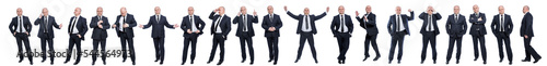 A set of images of a bald man in a black formal suit in various poses. Business, success and failure. Full height. Isolated on white background. Panorama format.