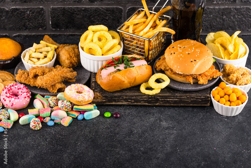 Assortment of various unhealthy junk food. Assortment of various unhealthy junk food.