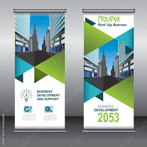 Roll up banner template design, banner, layout, advertisement, pull up, polygon background, vector illustration, business flyer, display, x-banner, flag-banner, Info graphics, presentation.