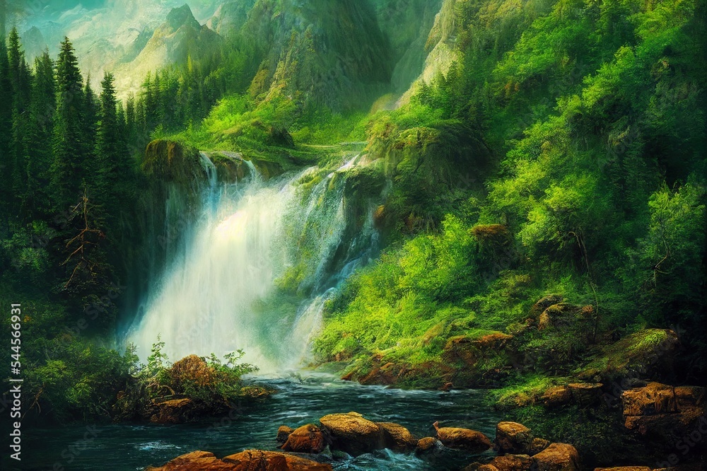 Bear and waterfall nature scenery mountain