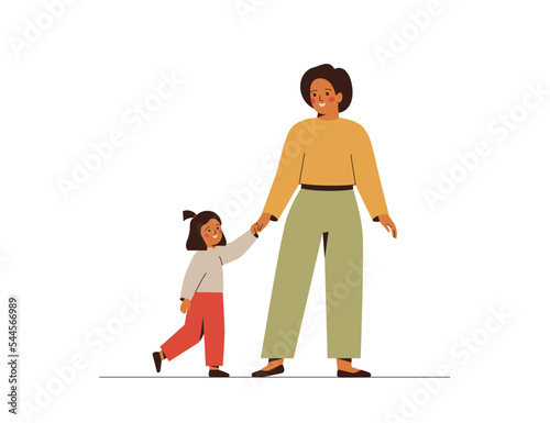 Young woman going with baby girl somewhere. Mother and her small daughter hold hands and walking. Concept of Trust between parent and child. Vector illustration