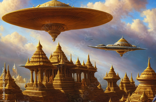 closeup of ancient hindu flying chariot or palast of gods vimana golden space ship flying over golden ancient city