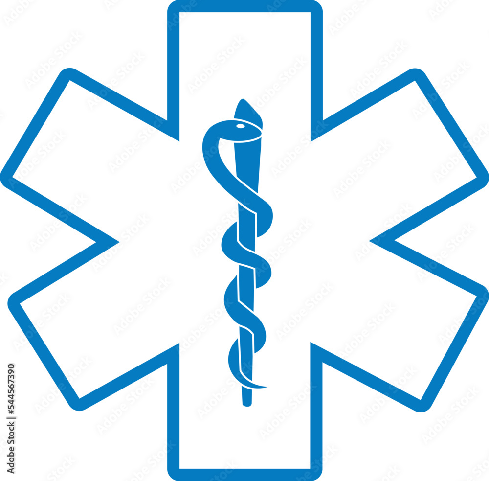 White and blue Star of Life medical symbol with Rod of Asclepius icon ...