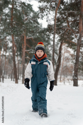 Funny child stands in snowy forest and looking at the camera. Boy stands against of beautiful winter landscape © somemeans