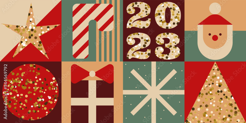 Obraz premium Simple Christmas geometric background in retro colors. Xmas minimalist banner with Christmas tree, Santa Claus, ornaments and patterns. New year backdrop vector design template