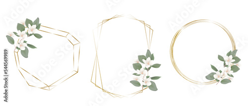 Vector floral collection for wedding design. Magnolia branch, gold frames 