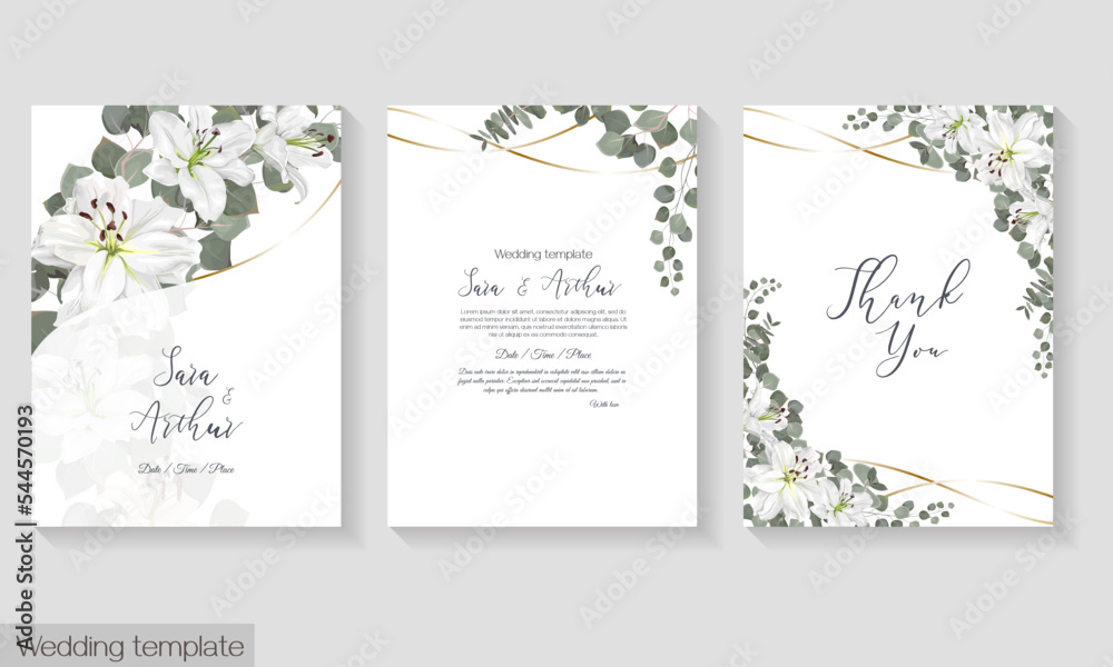 Vector floral template for wedding invitation. White royal lilies, eucalyptus, green plants and leaves.