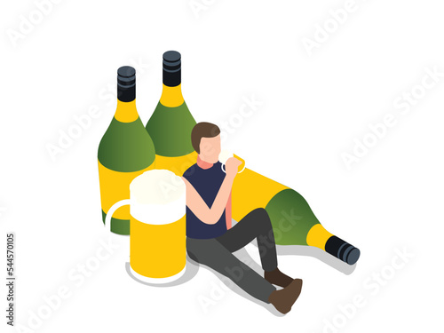 Drunk man sitting with bottle and glasses of liquor