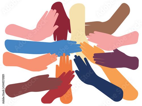 Hands of different colours representing friendship between different cultures and entities. Hands that which stretch towards each other. Colourful illustration on a white background. Vector.