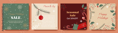 Winter holidays square templates set. Christmas festive design for social media post, sale, frame, card, banner, web advertising, internet ads. Vector illustration