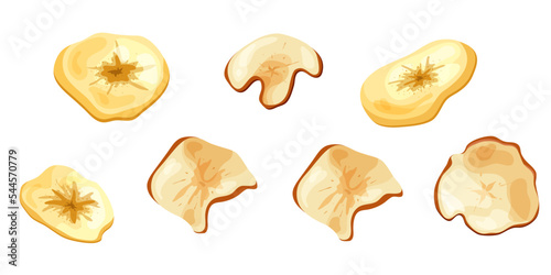 Banana and apple chips dried fruit snack. Round isolated slices cartoon style on white background. Vector illustration