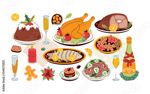 Christmas or New Year festive food set. Traditional winter holiday homemade meal. Festive dishes for Xmas party. Turkey, desserts, gingerbread. Flat vector illustration isolated on white background.