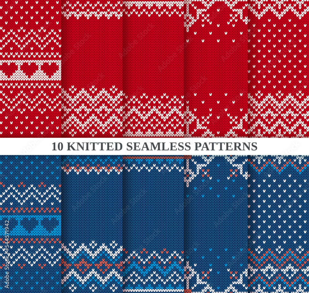 Christmas seamless textures big set. Knitted sweater patterns red and blue. Set Xmas winter background. Knit prints. Holiday fair isle traditional ornament. Wool pullover. Vector illustration
