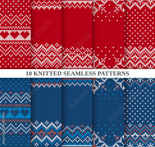 Christmas seamless textures big set. Knitted sweater patterns red and blue. Set Xmas winter background. Knit prints. Holiday fair isle traditional ornament. Wool pullover. Vector illustration