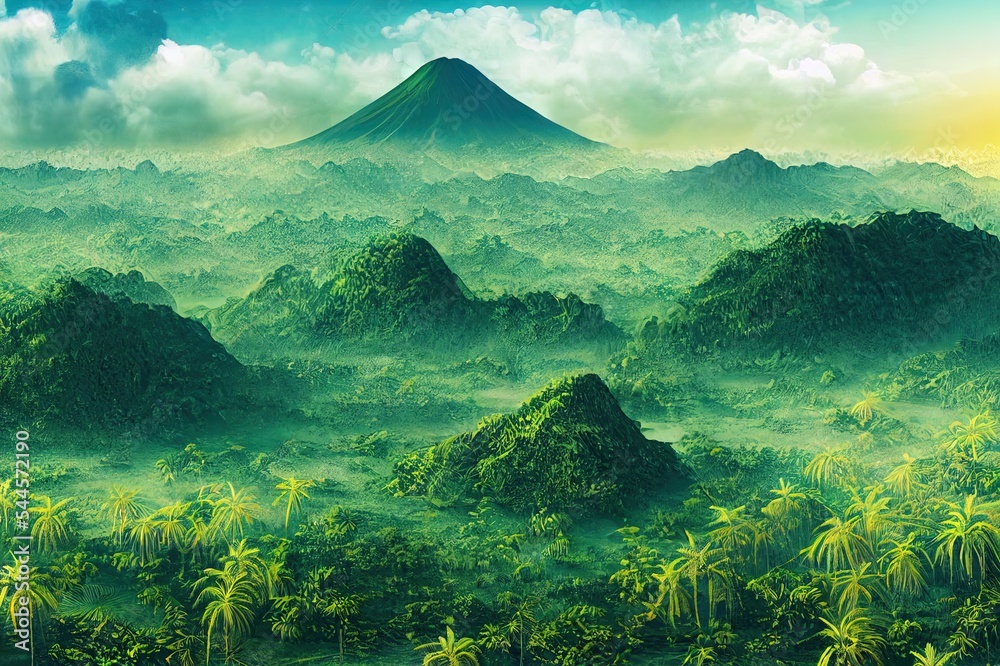 Raster illustration of jungle top view. Palm trees, distant mountain