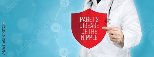 Paget's disease of the nipple (Paget’s disease of the breast). Doctor holding red shield protection symbol surrounded by icons in a circle. Medical word
