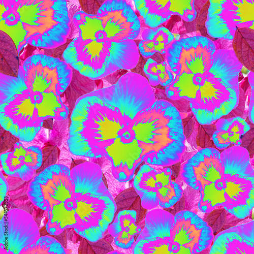 Colorful and vibrant pansy flowers seamless pattern, violet flowers