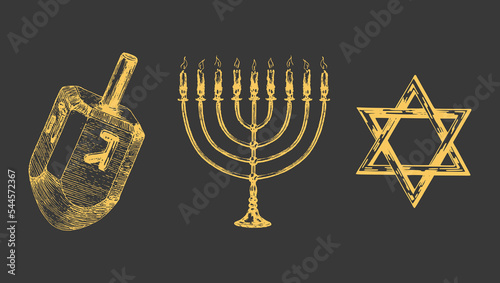 Star of David, Menorah and dredel, set in vector