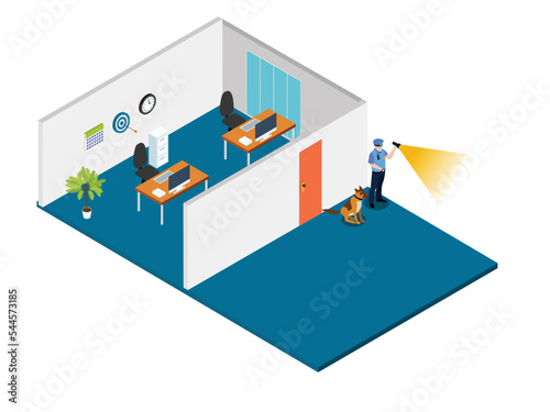 Security man working with flashlight in night shift while walking with dog in the office room
