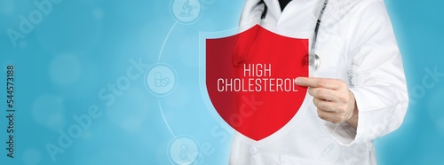 High cholesterol. Doctor holding red shield protection symbol surrounded by icons in a circle. Medical word photo