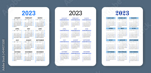 Calendar 2023 year set. English vector set. Vertical wall or pocket calender template. Design collection. Week starts on Sunday