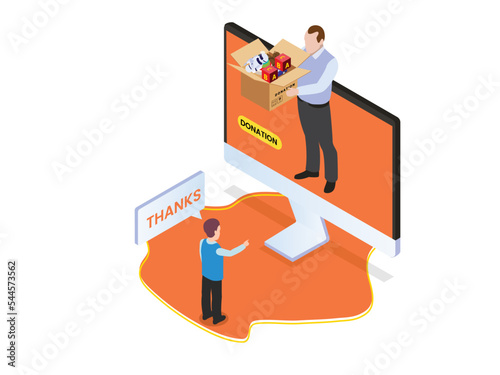 Isometric design of support charity, donation concept, donate money to help online