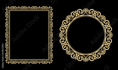 Set of decorative frames Elegant vector element for design in Eastern style, place for text. Floral black and gold borders. Lace illustration for invitations and greeting cards