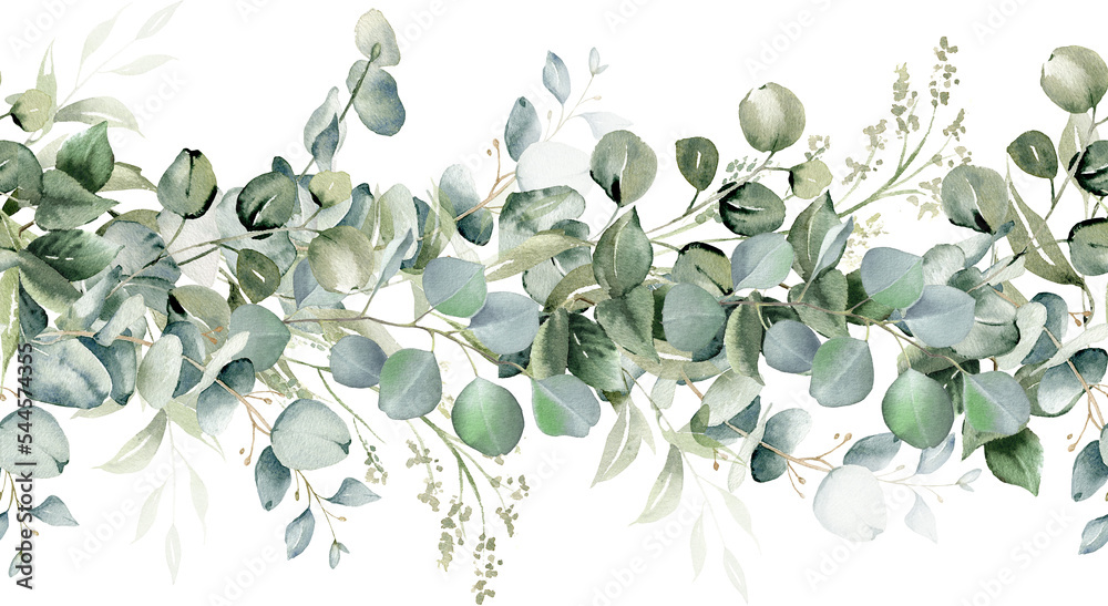 Eucalyptus leaves seamless border. Watercolor floral illustration. Greenery  and jasmine flower for wedding invitation, greeting cards, decoration,  stationery design. Isolated on transparent background Stock Illustration |  Adobe Stock