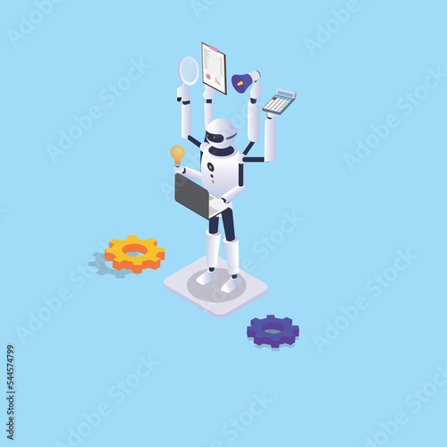 Multitasking artificial intelligence robot working with many hands, isometric illustration
