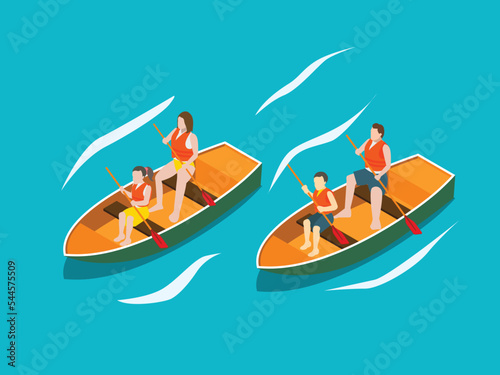 Happy family riding wooden boat together, isometric illustration design