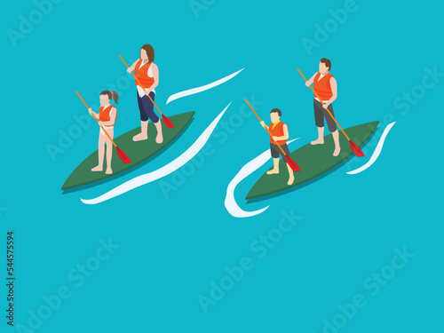 Family Having Fun Stand Up Paddling Together in the Ocean, isometric illustration design