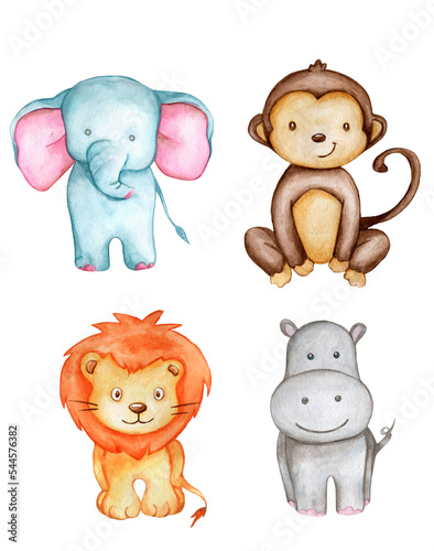 Monkey, lion, hippopotamus, elephant Watercolor Illustration. Hand drawn cartoon African animals set isolated. Cute illustration of animal for baby style design