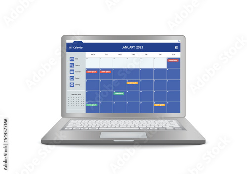 Calendar Planner Organization Management. Laptop Calendar Event Application On Screen. illustrator vector photo