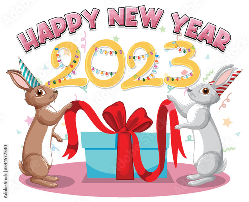 Happy New Year text with cute rabbit for banner design