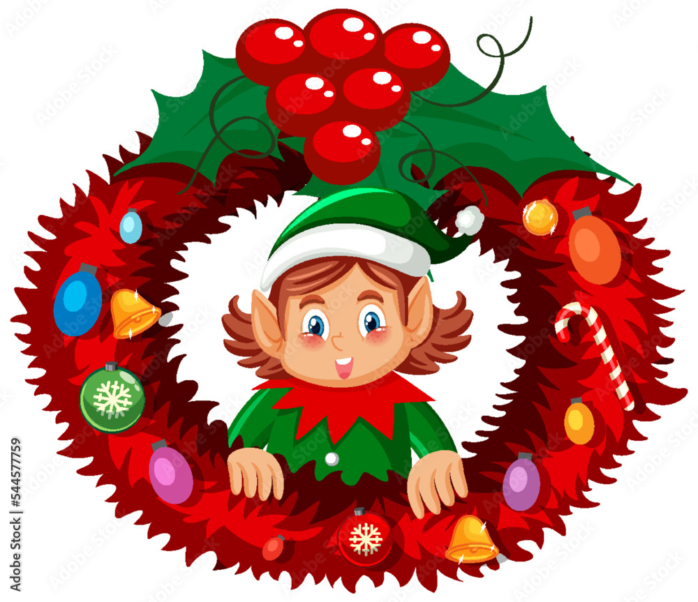 Fototapeta premium Elf Christmas wreath in cartoon style