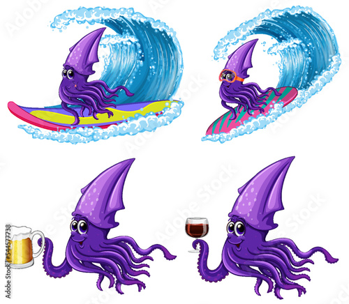 Squid cartoon characters set