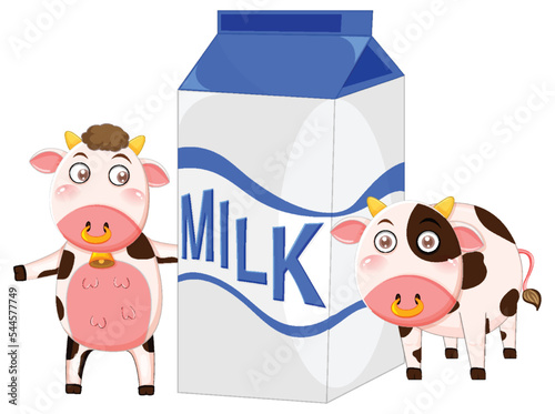 Two cows holding milk box