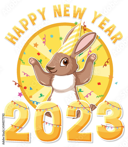 Happy New Year text with cute rabbit for banner design