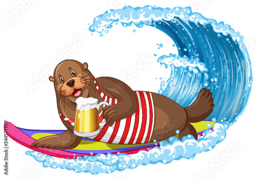 Sea lion on surfboard with water wave