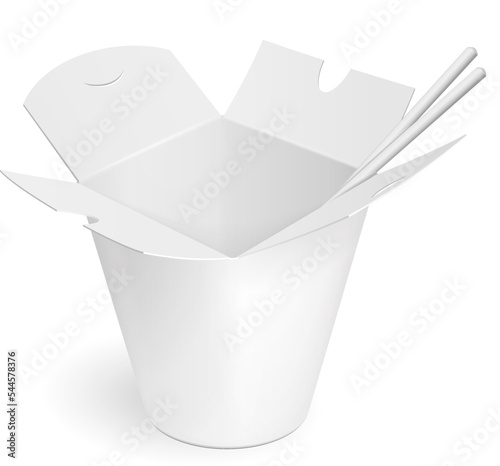 Asian, Chinese, Thai, Korean Cardboard Food Tub Box. Wok, Udon, Rice, Kimchi, Soba, Crystal, Glass Noodles. Illustration Isolated On White Background. Mock Up Template Ready For Your Design. Vector.
