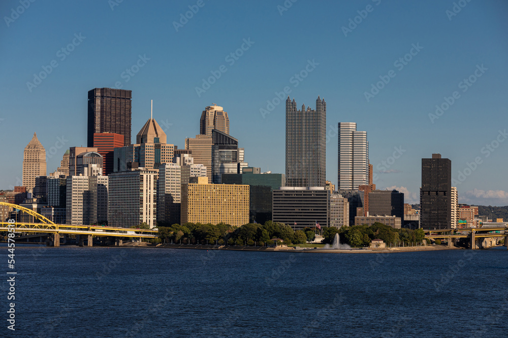 Cityscape of Pittsburgh, Pennsylvania. Allegheny and Monongahela Rivers in Background. Ohio River. Pittsburgh Downtown With Skyscrapers and Beautiful Sky