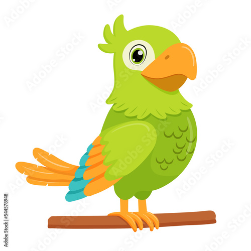 Green parrot bird standing on branch. Flat cartoon character isolated on white.