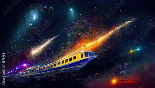 Futuristic train traveling through the cosmos