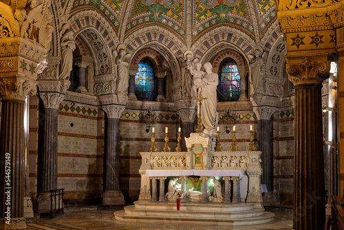 LYON, FRANCE, November 8, 2022 : Inside the crypt of Fourvière Basilica. Lyon commemorates the 150th anniversary of the laying of the foundation stone of basilica.