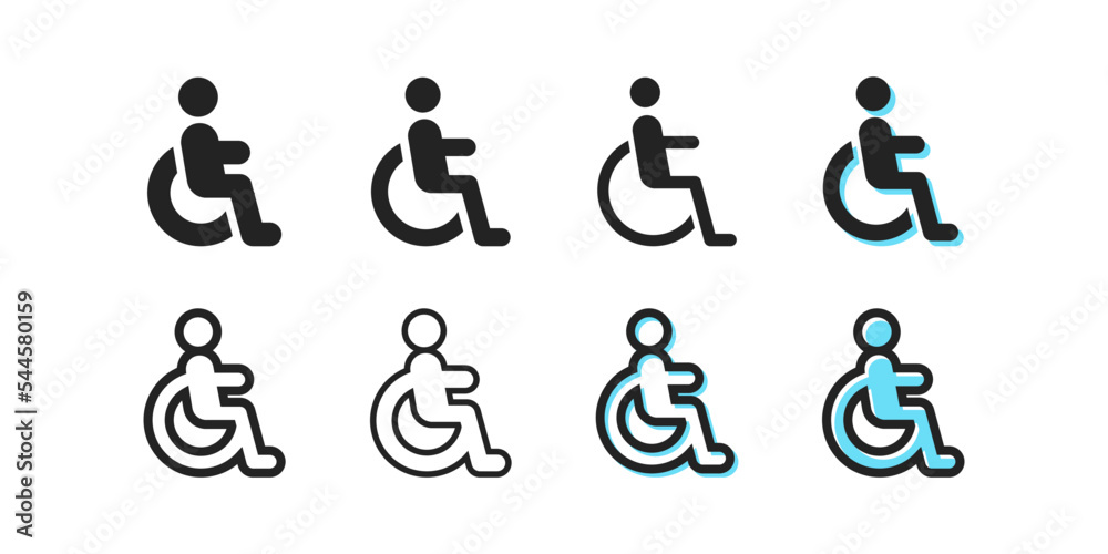 Disabled person set icon. Wheelchair, cannot walk, handicapped, sick person, springboard