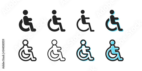 Disabled person set icon. Wheelchair, cannot walk, handicapped, sick person, springboard, prosthesis, give way to disabled people. Car sign for a invalid at the wheel. Vector line icon