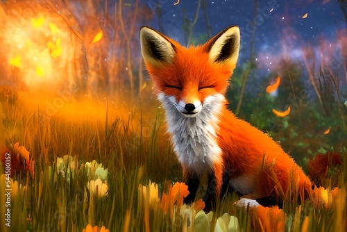 Fototapeta A 3d rendering of a Pixar style cute fox sleeping on a meadow and surrounded by