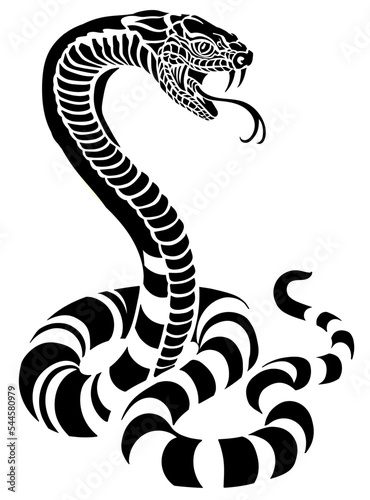 a poisonous snake in a defensive position. Attacking posture. Silhouette. Black and white tattoo-style vector illustration