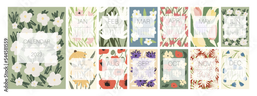 Floral calendar template for 2023. Vertical design with bright colorful flowers and leaves. Editable illustration page template A4, A3, set of 12 months with cover. Vector mesh. Week starts on Sunday.
