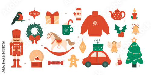 Christmas objects illustration set. Toy soldier, gingerbread, gift box, tree and other traditional winter holiday decorative toys. New Year celebration concept. Vector illustration.